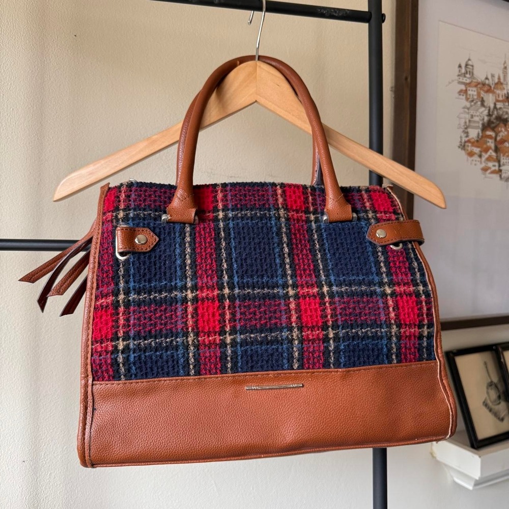 Plaid Tartan Tote Bag Navy Red Brown Trim Structured Handbag